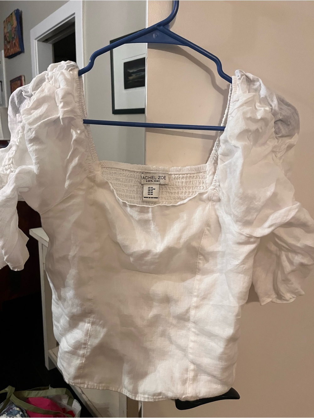 Rachel Zoe White Puff-Sleeve Linen Square Neck Blouse